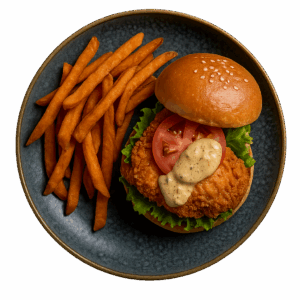 burger poulet cajou avec frites de patate douce-ok